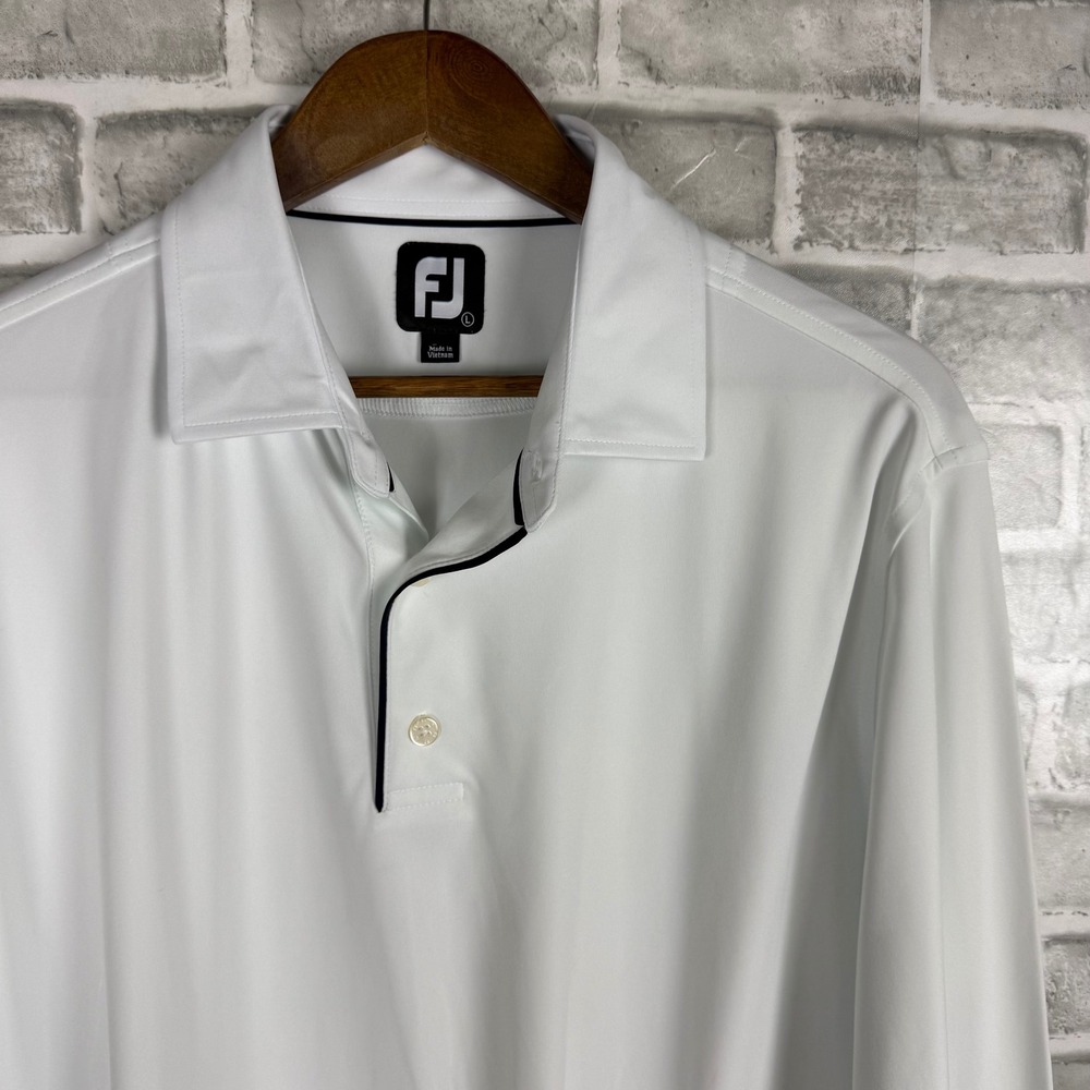 FootJoy Mens Long Sleeve Golf Polo Shirt White Navy Trim Size Large FJ Logo